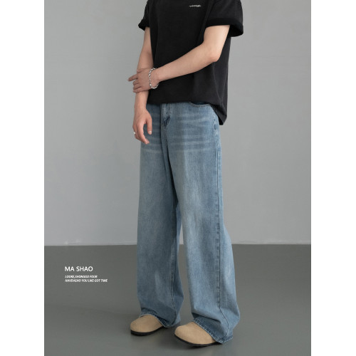 2025秋季美式復古vibe松緊腰牛仔褲男寬松直筒cleanfit濶腿長褲子