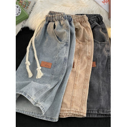 美式高街vintage牛仔短褲男款夏季潮牌痞帥寬松水洗松緊腰五分褲