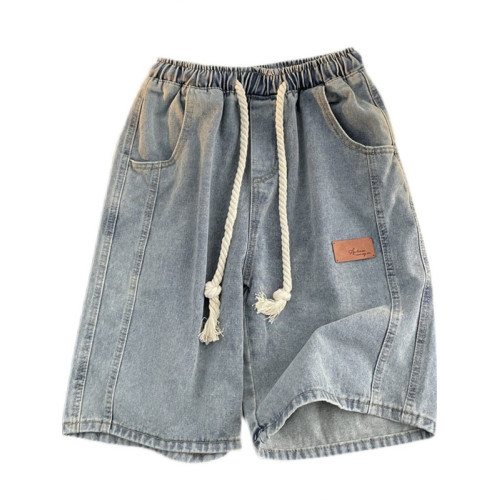 美式高街vintage牛仔短褲男款夏季潮牌痞帥寬松水洗松緊腰五分褲 美式高街vintage牛仔短褲男款夏季潮牌痞帥寬松水洗松緊腰五分褲