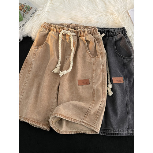 美式高街vintage牛仔短褲男款夏季潮牌痞帥寬松水洗松緊腰五分褲 美式高街vintage牛仔短褲男款夏季潮牌痞帥寬松水洗松緊腰五分褲