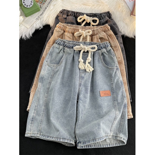 美式高街vintage牛仔短褲男款夏季潮牌痞帥寬松水洗松緊腰五分褲 美式高街vintage牛仔短褲男款夏季潮牌痞帥寬松水洗松緊腰五分褲