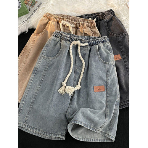 美式高街vintage牛仔短褲男款夏季潮牌痞帥寬松水洗松緊腰五分褲 美式高街vintage牛仔短褲男款夏季潮牌痞帥寬松水洗松緊腰五分褲