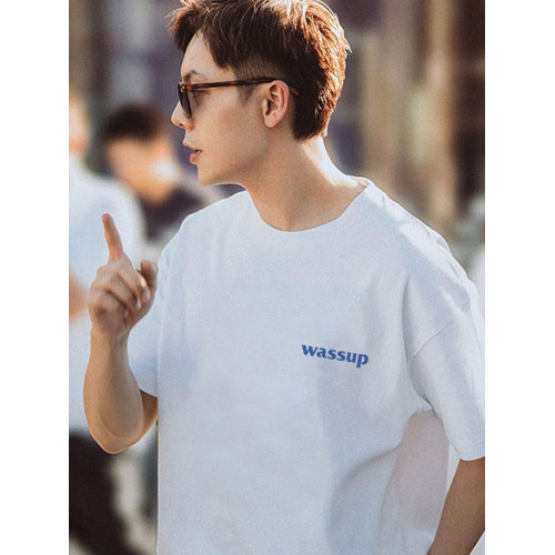 WASSUP潮牌短袖T恤男圓領夏季簡約印花純色純棉寬松情侶字母上衣