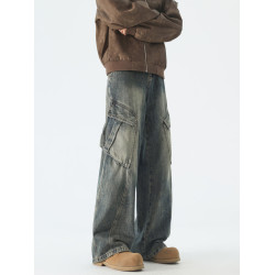 DOFERNERY 美式復古水洗牛仔褲男秋冬潮牌高街直筒寬松濶腿休閒褲