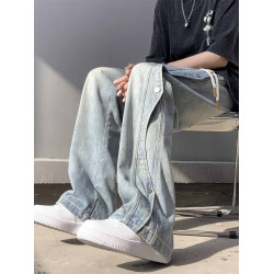 美式潮牌解搆牛仔褲男夏季新款小衆寬松做舊水洗百搭濶腿直筒褲