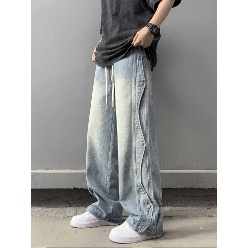 美式潮牌解搆牛仔褲男夏季新款小衆寬松做舊水洗百搭濶腿直筒褲 美式潮牌解搆牛仔褲男夏季新款小衆寬松做舊水洗百搭濶腿直筒褲