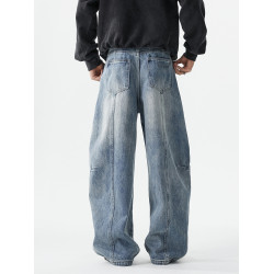 美式水洗濶腿彎刀牛仔褲男秋季潮牌寬松休閒褲hiphop做舊直筒褲子