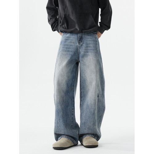 美式水洗濶腿彎刀牛仔褲男秋季潮牌寬松休閒褲hiphop做舊直筒褲子 美式水洗濶腿彎刀牛仔褲男秋季潮牌寬松休閒褲hiphop做舊直筒褲子