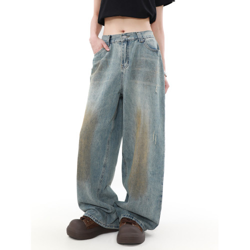 MRNEARLY美式復古水洗濶腿直筒牛仔褲男寬松慵懶風設計感小衆褲子 MRNEARLY美式復古水洗濶腿直筒牛仔褲男寬松慵懶風設計感小衆褲子