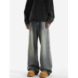 美式復古藍濶腿牛仔褲男秋vibe高街水洗拖地長褲寬松垂感直筒褲子