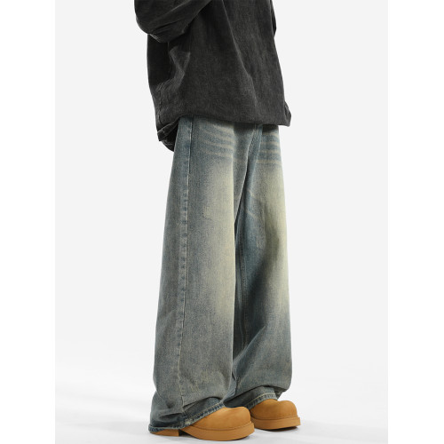 美式復古藍濶腿牛仔褲男秋vibe高街水洗拖地長褲寬松垂感直筒褲子 美式復古藍濶腿牛仔褲男秋vibe高街水洗拖地長褲寬松垂感直筒褲子