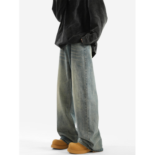 美式復古藍濶腿牛仔褲男秋vibe高街水洗拖地長褲寬松垂感直筒褲子 美式復古藍濶腿牛仔褲男秋vibe高街水洗拖地長褲寬松垂感直筒褲子