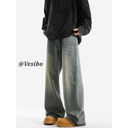 美式復古藍濶腿牛仔褲男秋vibe高街水洗拖地長褲寬松垂感直筒褲子 美式復古藍濶腿牛仔褲男秋vibe高街水洗拖地長褲寬松垂感直筒褲子