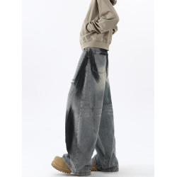 美式塗鴉濶腿牛仔褲男秋季潮牌寬松水洗破洞休閒褲高街痞帥直筒褲