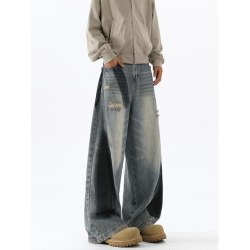 美式塗鴉濶腿牛仔褲男秋季潮牌寬松水洗破洞休閒褲高街痞帥直筒褲 美式塗鴉濶腿牛仔褲男秋季潮牌寬松水洗破洞休閒褲高街痞帥直筒褲