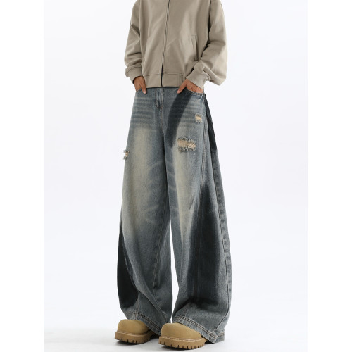 美式塗鴉濶腿牛仔褲男秋季潮牌寬松水洗破洞休閒褲高街痞帥直筒褲 美式塗鴉濶腿牛仔褲男秋季潮牌寬松水洗破洞休閒褲高街痞帥直筒褲