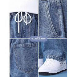 松緊腰牛仔褲男士秋季冬款潮牌休閒寬松直筒濶腿褲偏九分高街長褲