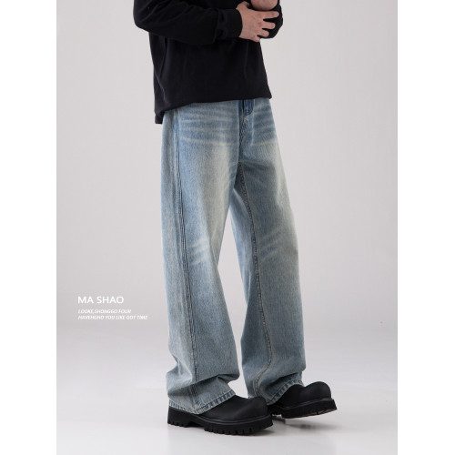 美式復古cleanfit淺藍色牛仔褲男直筒寬松濶腿長褲子2025秋季新款