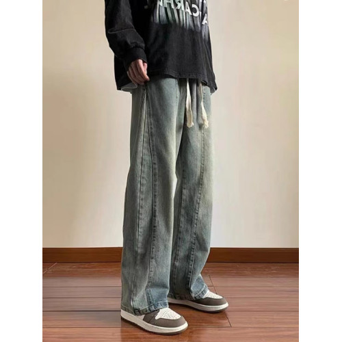 美式高街休閒褲子男松緊腰寬松抽繩百搭直筒濶腿褲秋季新款牛仔褲 美式高街休閒褲子男松緊腰寬松抽繩百搭直筒濶腿褲秋季新款牛仔褲