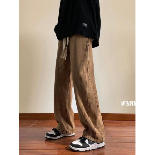 美式高街休閒褲子男松緊腰寬松抽繩百搭直筒濶腿褲秋季新款牛仔褲 美式高街休閒褲子男松緊腰寬松抽繩百搭直筒濶腿褲秋季新款牛仔褲