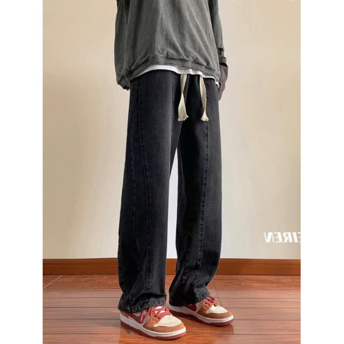 美式高街休閒褲子男松緊腰寬松抽繩百搭直筒濶腿褲秋季新款牛仔褲 美式高街休閒褲子男松緊腰寬松抽繩百搭直筒濶腿褲秋季新款牛仔褲