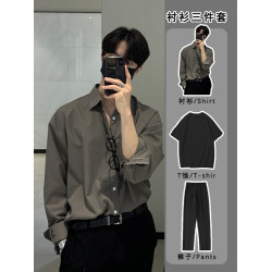 襯衫男生長袖高級感春秋季輕熟風休閒套裝痞帥垂感襯衣潮牌三件套