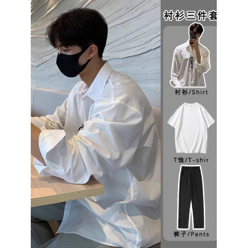 襯衫男生長袖高級感春秋季輕熟風休閒套裝痞帥垂感襯衣潮牌三件套 襯衫男生長袖高級感春秋季輕熟風休閒套裝痞帥垂感襯衣潮牌三件套