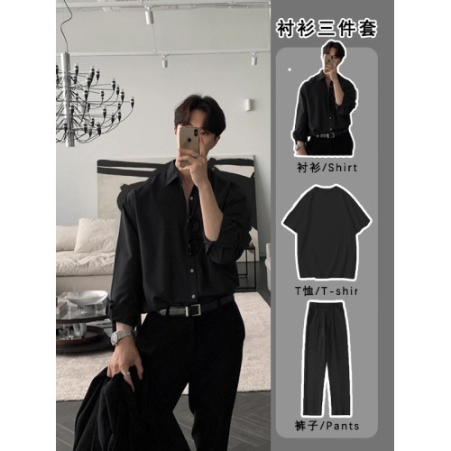 襯衫男生長袖高級感春秋季輕熟風休閒套裝痞帥垂感襯衣潮牌三件套 襯衫男生長袖高級感春秋季輕熟風休閒套裝痞帥垂感襯衣潮牌三件套
