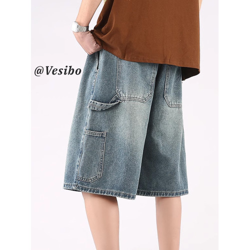 牛仔短褲男夏季高街潮牌2025新款休閒潮流五分褲寬松大碼濶腿褲子