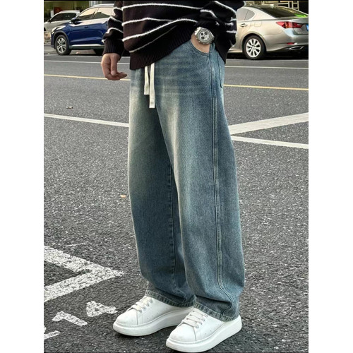 牛仔褲男士直筒寬松2025新款潮牌美式復古休閒男裝松緊百搭長褲子 牛仔褲男士直筒寬松2025新款潮牌美式復古休閒男裝松緊百搭長褲子