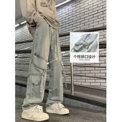 美式高街多口袋工裝牛仔褲男款春秋冬季寬松直筒濶腿男生休閒褲子