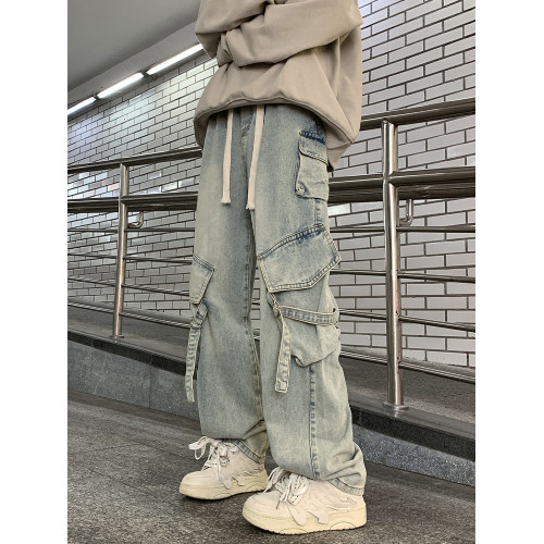 美式高街多口袋工裝牛仔褲男款春秋冬季寬松直筒濶腿男生休閒褲子 美式高街多口袋工裝牛仔褲男款春秋冬季寬松直筒濶腿男生休閒褲子