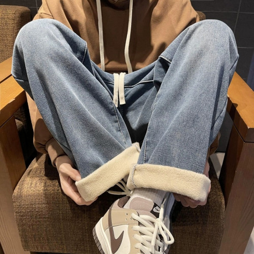 高街復古加絨加厚牛仔褲男冬季2023新款松緊腰直筒寬松保暖濶腿褲 高街復古加絨加厚牛仔褲男冬季2023新款松緊腰直筒寬松保暖濶腿褲