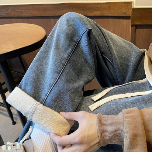 高街復古加絨加厚牛仔褲男冬季2023新款松緊腰直筒寬松保暖濶腿褲 高街復古加絨加厚牛仔褲男冬季2023新款松緊腰直筒寬松保暖濶腿褲