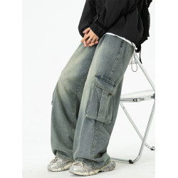 濶腿工裝牛仔褲男款美式潮牌大口袋寬松褲子水洗復古高街拖地長褲