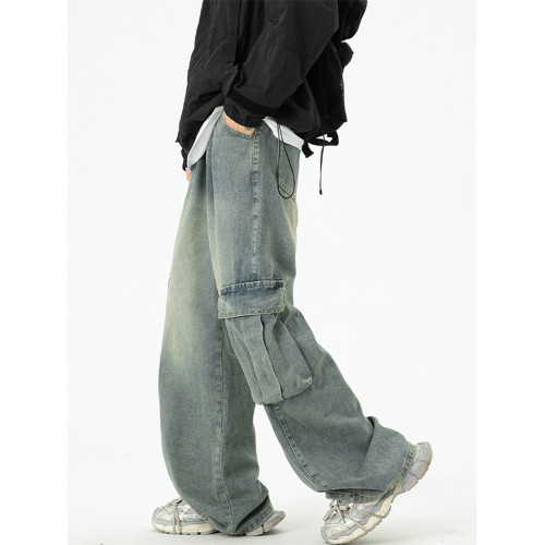 濶腿工裝牛仔褲男款美式潮牌大口袋寬松褲子水洗復古高街拖地長褲 濶腿工裝牛仔褲男款美式潮牌大口袋寬松褲子水洗復古高街拖地長褲