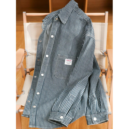 BGYO 日系復古水洗竪條紋牛仔襯衫男士微寬cityboy長袖襯衣外套秋 BGYO 日系復古水洗竪條紋牛仔襯衫男士微寬cityboy長袖襯衣外套秋