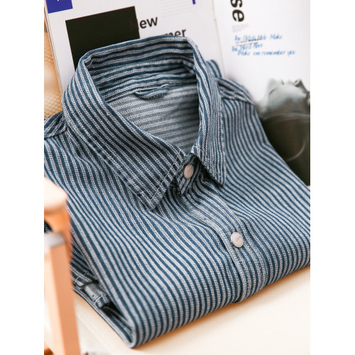 BGYO 日系復古水洗竪條紋牛仔襯衫男士微寬cityboy長袖襯衣外套秋 BGYO 日系復古水洗竪條紋牛仔襯衫男士微寬cityboy長袖襯衣外套秋