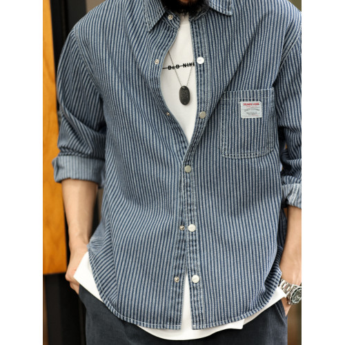 BGYO 日系復古水洗竪條紋牛仔襯衫男士微寬cityboy長袖襯衣外套秋 BGYO 日系復古水洗竪條紋牛仔襯衫男士微寬cityboy長袖襯衣外套秋