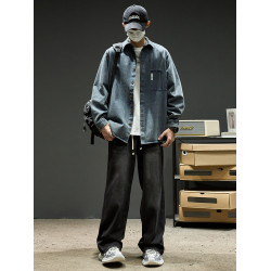 美式牛仔襯衫男款秋冬水洗工裝休閒長袖襯衣男生復古冬季加絨外套