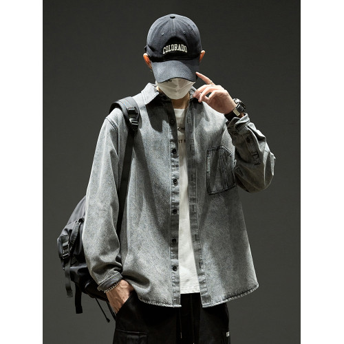 美式牛仔襯衫男款秋冬水洗工裝休閒長袖襯衣男生復古冬季加絨外套