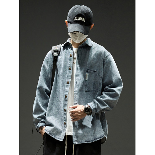 美式牛仔襯衫男款秋冬水洗工裝休閒長袖襯衣男生復古冬季加絨外套