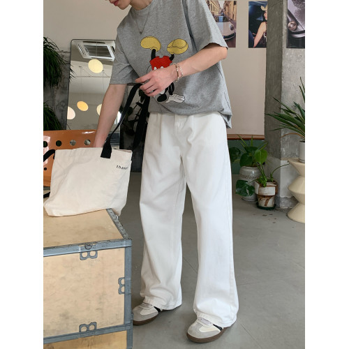 ONELYC1NS 韓系簡約純色寬松直筒牛仔褲男高搭濶腿白色長褲子 ONELYC1NS 韓系簡約純色寬松直筒牛仔褲男高搭濶腿白色長褲子