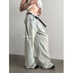 VERY FEWEST 小衆做舊黃水洗濶腿牛仔褲金屬紐釦調節設計拖地褲