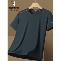 啄木鳥冰絲短袖T恤男夏季2025新款寬松圓領透氣休閒運動速乾衣男