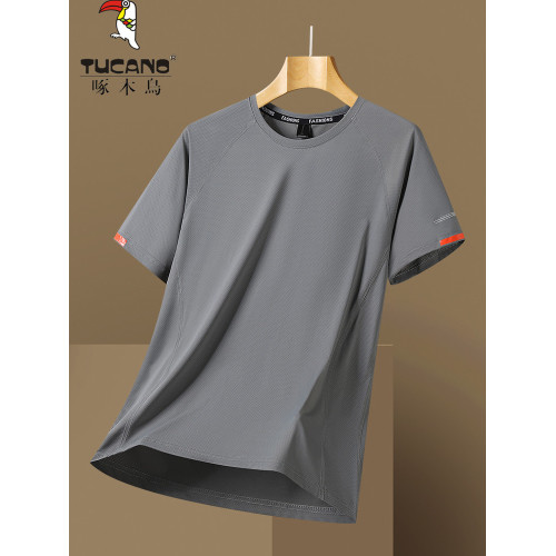 啄木鳥冰絲短袖T恤男夏季2025新款寬松圓領透氣休閒運動速乾衣男