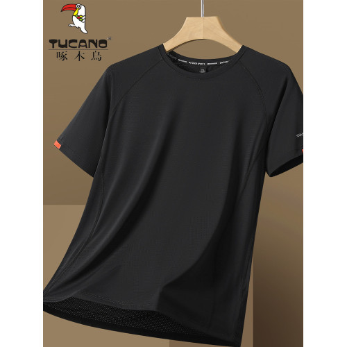 啄木鳥冰絲短袖T恤男夏季2025新款寬松圓領透氣休閒運動速乾衣男