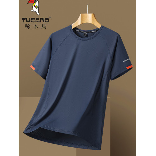 啄木鳥冰絲短袖T恤男夏季2025新款寬松圓領透氣休閒運動速乾衣男