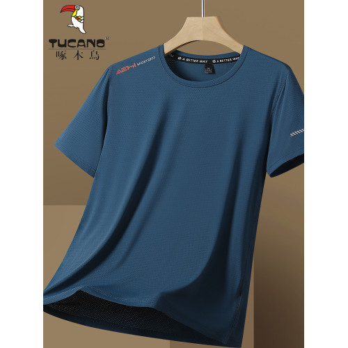 啄木鳥冰絲短袖T恤男夏季2025新款寬松圓領透氣休閒運動速乾衣男