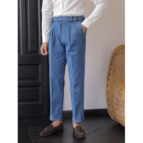 英倫高腰男士十分意式商務那不勒斯牛仔褲廓爾格垂感直筒卷邊西褲 英倫高腰男士十分意式商務那不勒斯牛仔褲廓爾格垂感直筒卷邊西褲